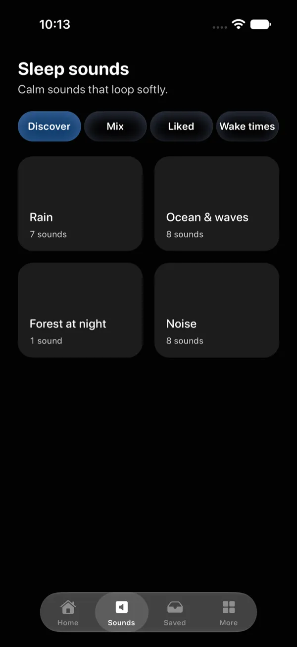 Sleep sounds screen with the groups Rain, Ocean and waves, Forest at night and Noise.